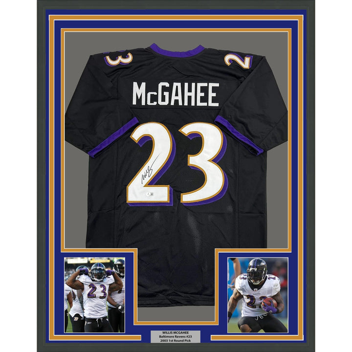 Framed Autographed/Signed Willis McGahee 35x39 Baltimore Black Jersey COA