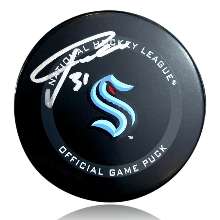 Philipp Grubauer Autographed Seattle Kraken Official Puck Fanatics COA Signed