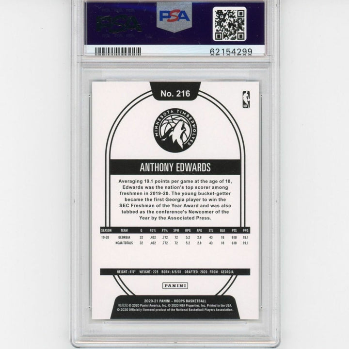 Graded 2020-21 Panini Hoops ANTHONY EDWARDS #216 Rookie RC Card PSA 10 Gem Mint