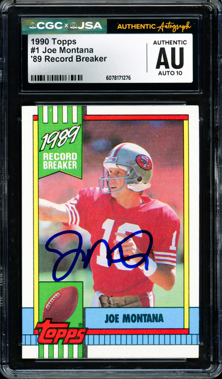 Joe Montana Signed 1990 Topps Card 1 San Francisco 49ers Auto GM 10 CGC x JSA