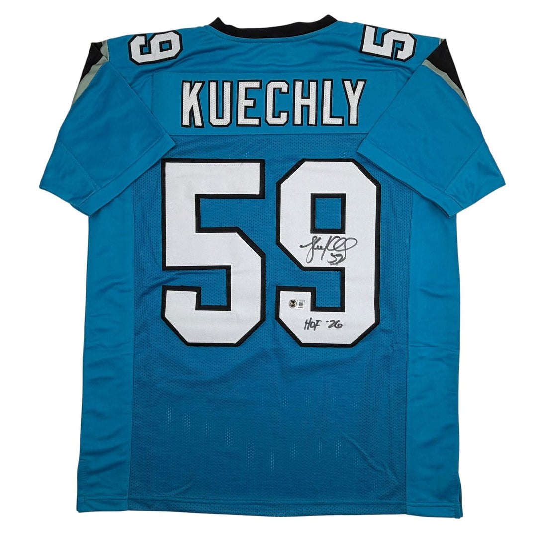Autographed/Signed Luke Kuechly HOF 26 Carolina Blue Jersey Beckett BAS COA