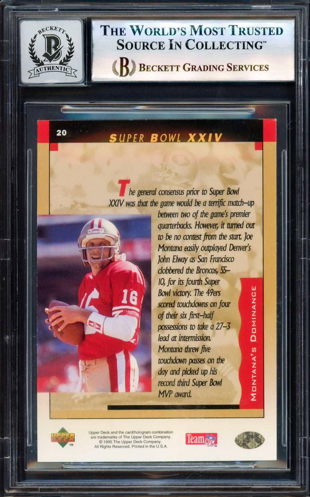 Joe Montana Autographed Signed 1995 Upper Deck Card 20 49ers Auto GM 10 Beckett