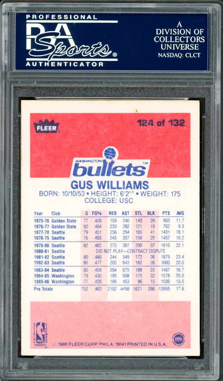 Gus Williams Signed 1986-87 Fleer Card #124 Washington Bullets PSA/DNA #83921061