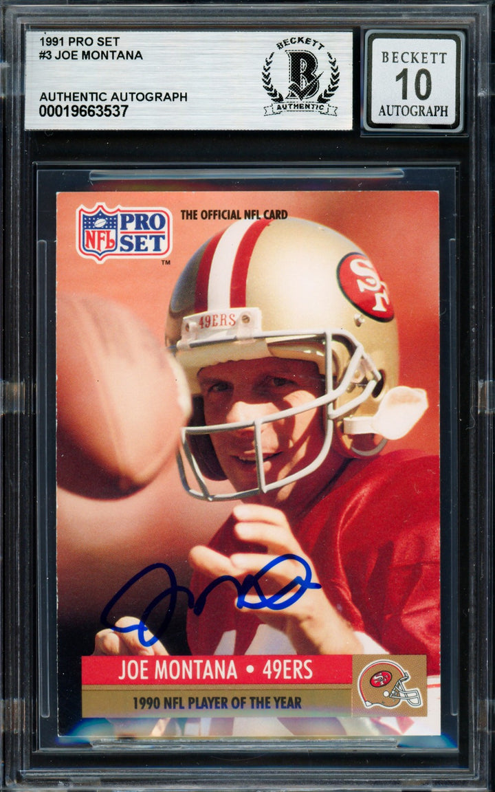 Joe Montana Signed 1991 Pro Set Card 3 San Francisco 49ers Auto GM 10 Beckett