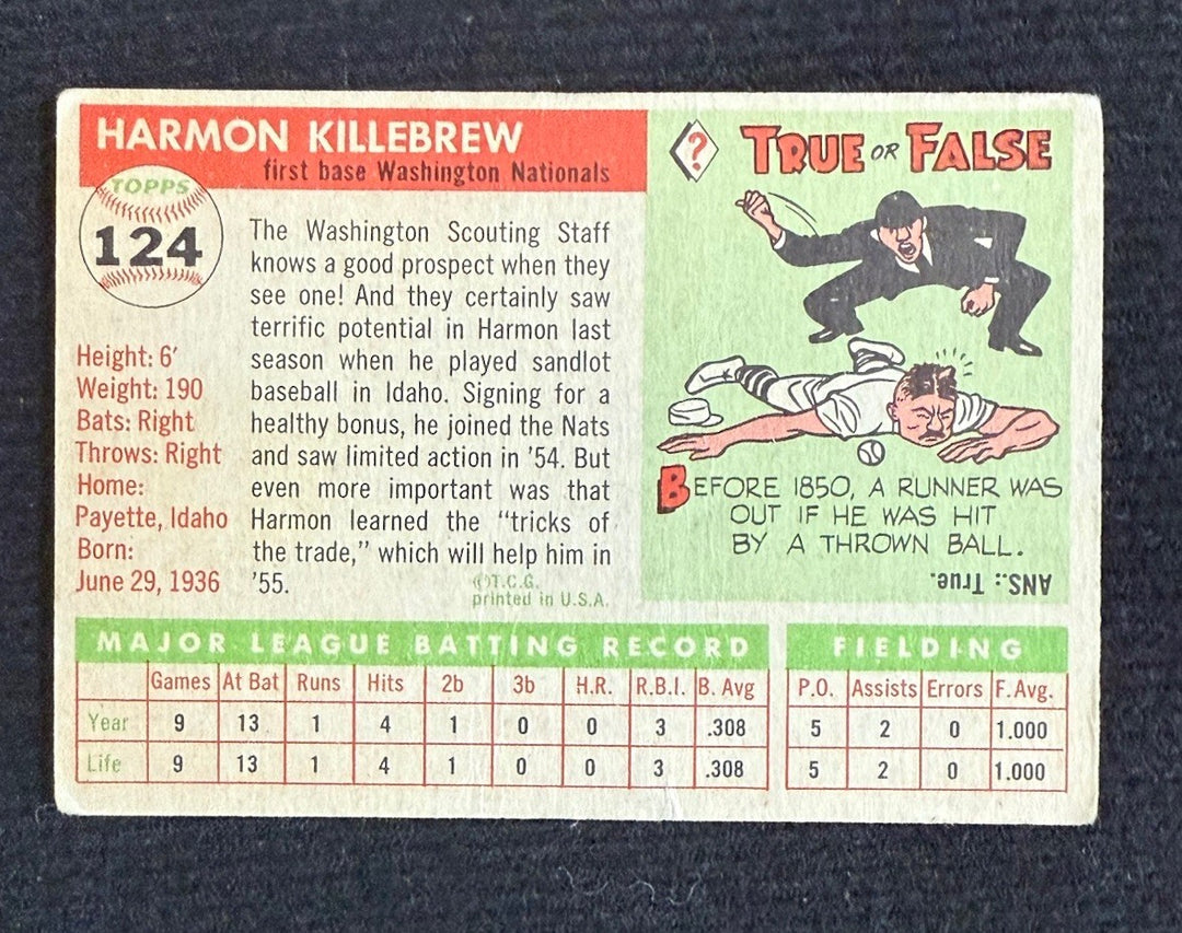 1955 Topps #124 Harmon Killebrew RC VG+ Washington Senators HOF Twins Rookie