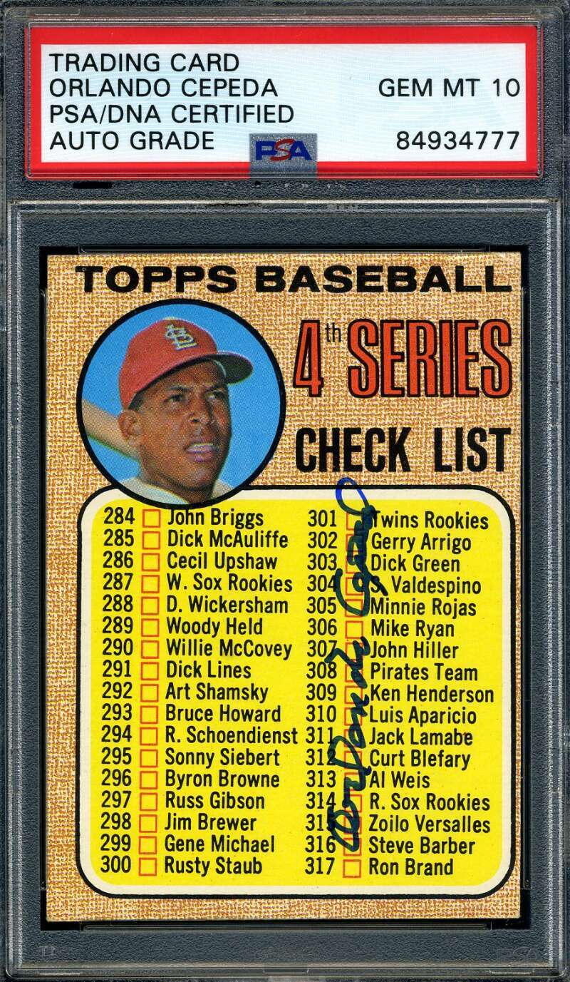 Orlando Cepeda Gem Mint 10 PSA DNA Signed 1968 Topps Checklist Autograph