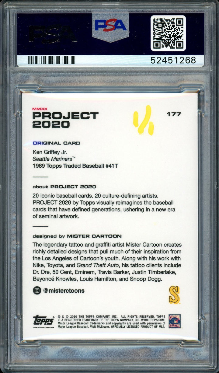 Ken Griffey Jr. Auto Topps Project 2020 Mister Cartoon Card 177 1989 1/1 PSA/DNA