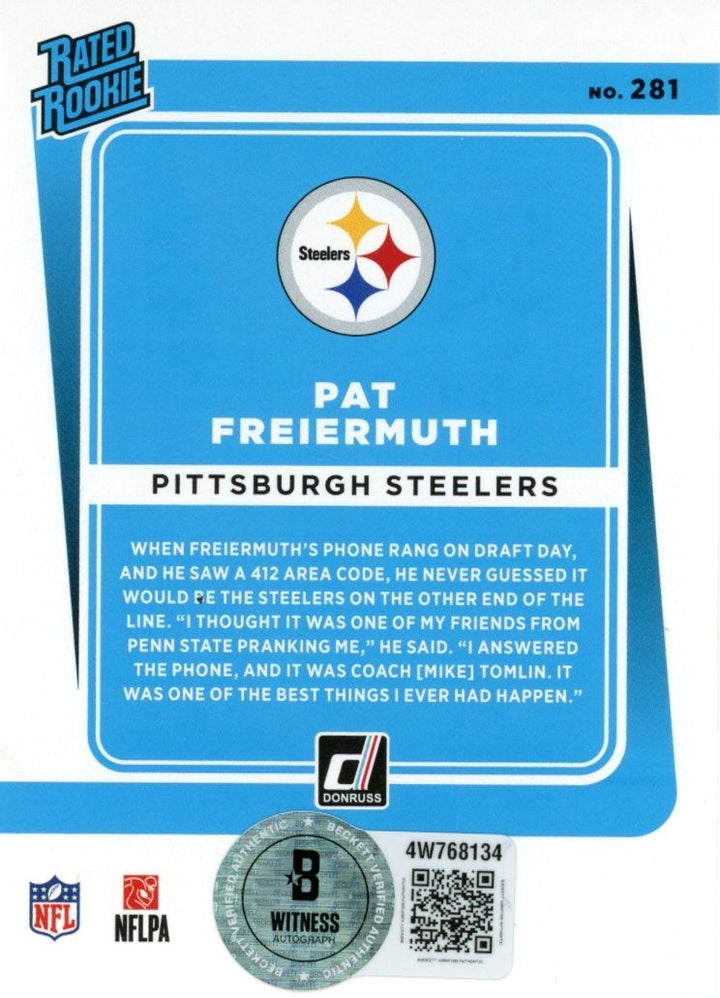 Pat Freiermuth Autographed 2021 Donruss Rated Rookie #281 Card Beckett 56999