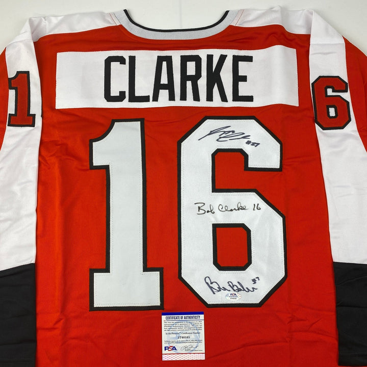 Signed LCB Line Reggie Leach Bobby Clarke Bill Barber Jersey PSA COA