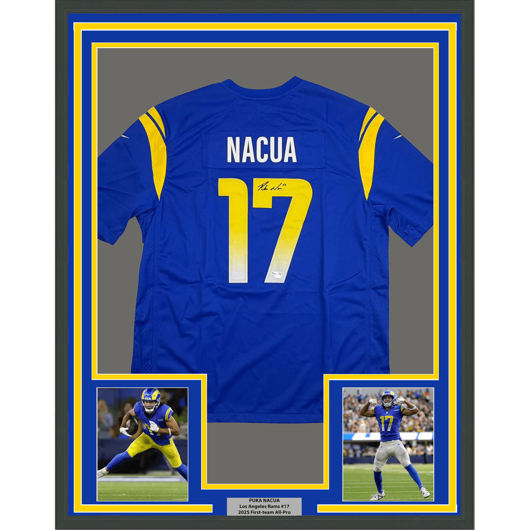 Framed Autographed/Signed Puka Nacua 17 35x39 Rams Blue Jersey Fanatics COA