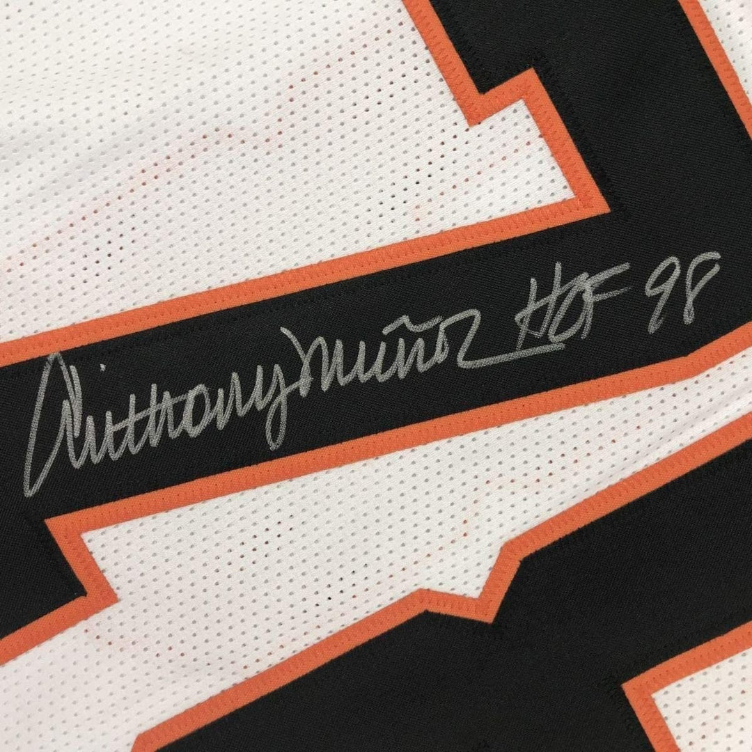 Framed Signed Anthony Munoz HOF 98 35x39 Cincinnati White Jersey JSA COA
