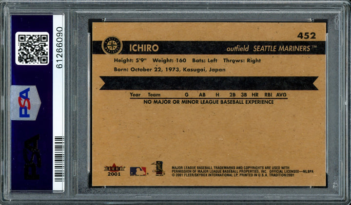 Ichiro Suzuki Auto 2001 Fleer Tradition RC 452 Mariners PSA 9 Auto GM 10 PSA/DNA
