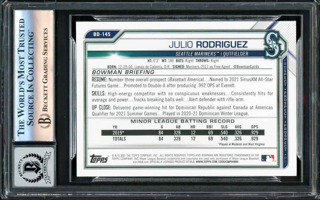Julio Rodriguez Autographed 2021 Bowman Draft RC Gem 10 Auto Beckett
