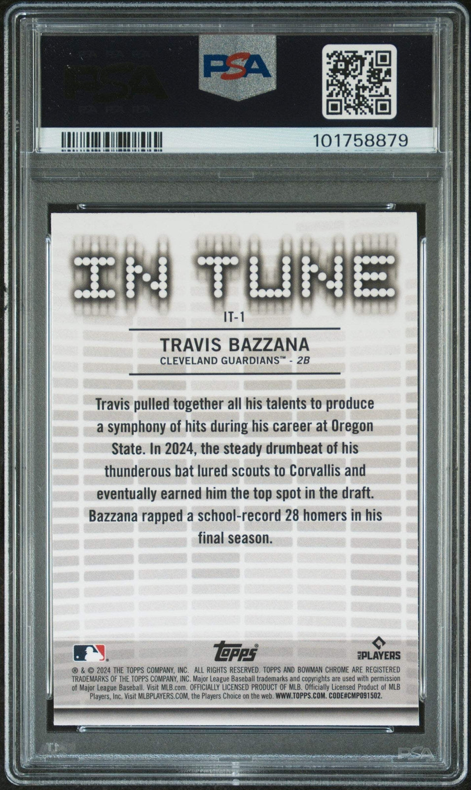 Graded 2024 Topps Bowman Draft Travis Bazzana #IT1 In Tune Baseball Card PSA 10