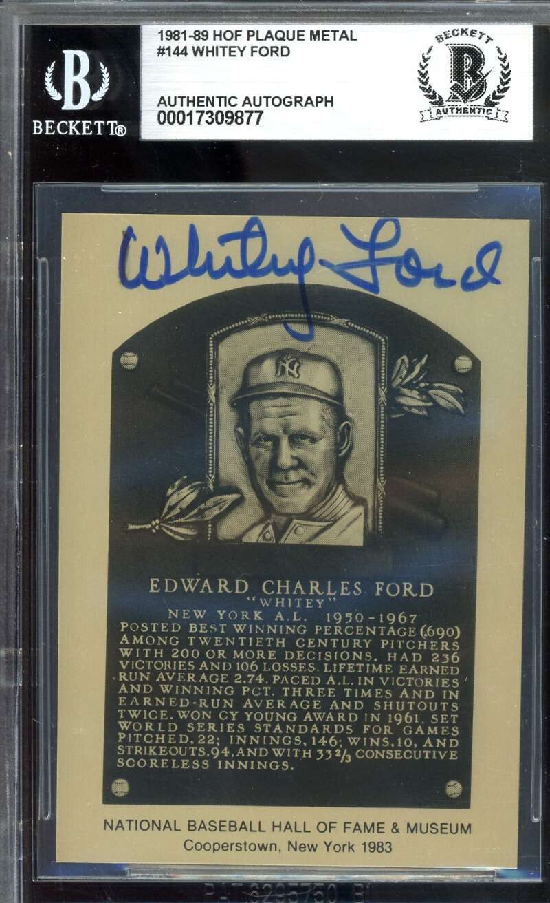 Whitey Ford Beckett BAS Signed 1981-89 Metallic Hall Of Fame Plaque Autograph