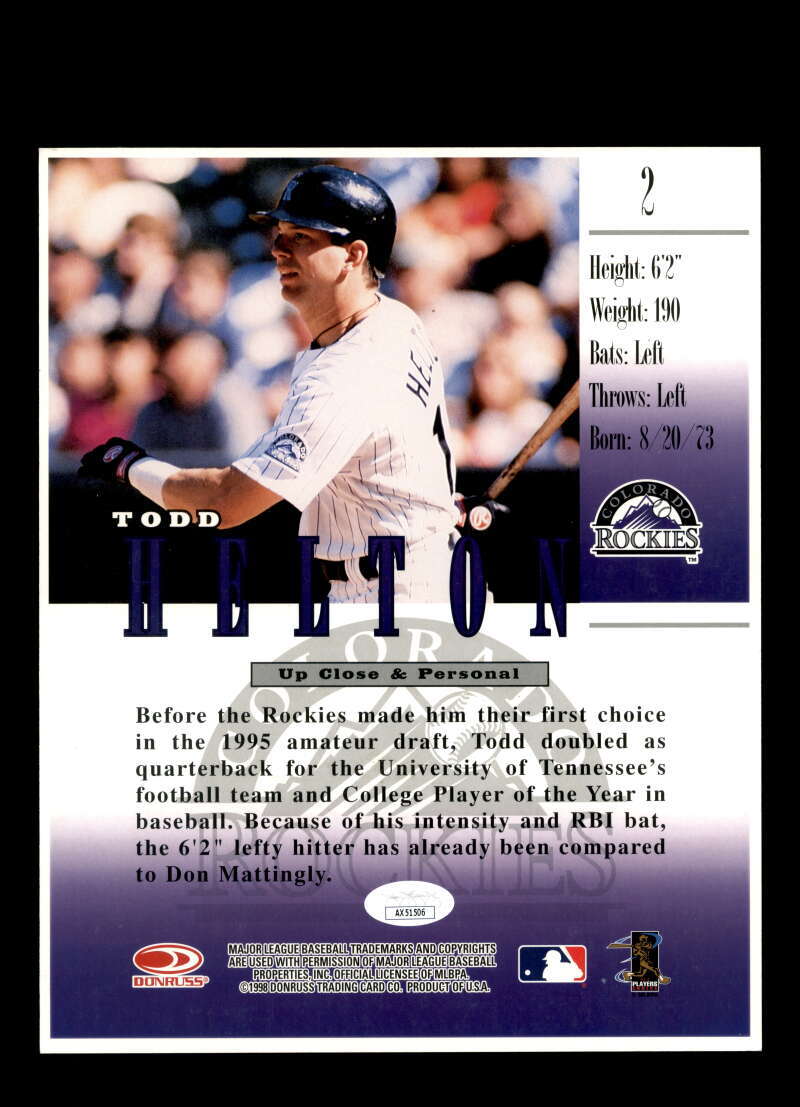 Todd Helton JSA Coa Signed 8x10 Photo Autograph Rockies