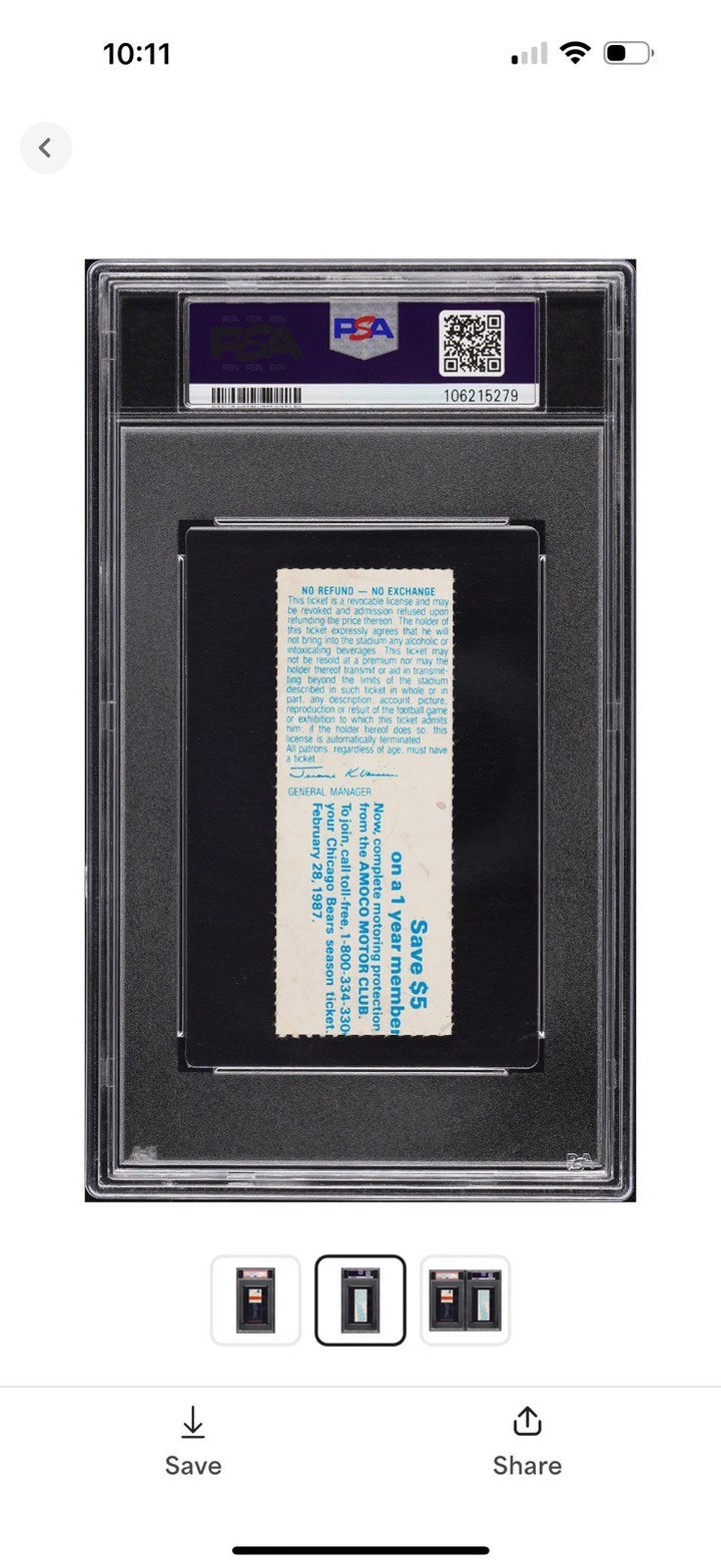 1986 Chicago Bears Ticket Stub Walter Payton Rushes 100 TD 15,000 Yds Psa 1.5