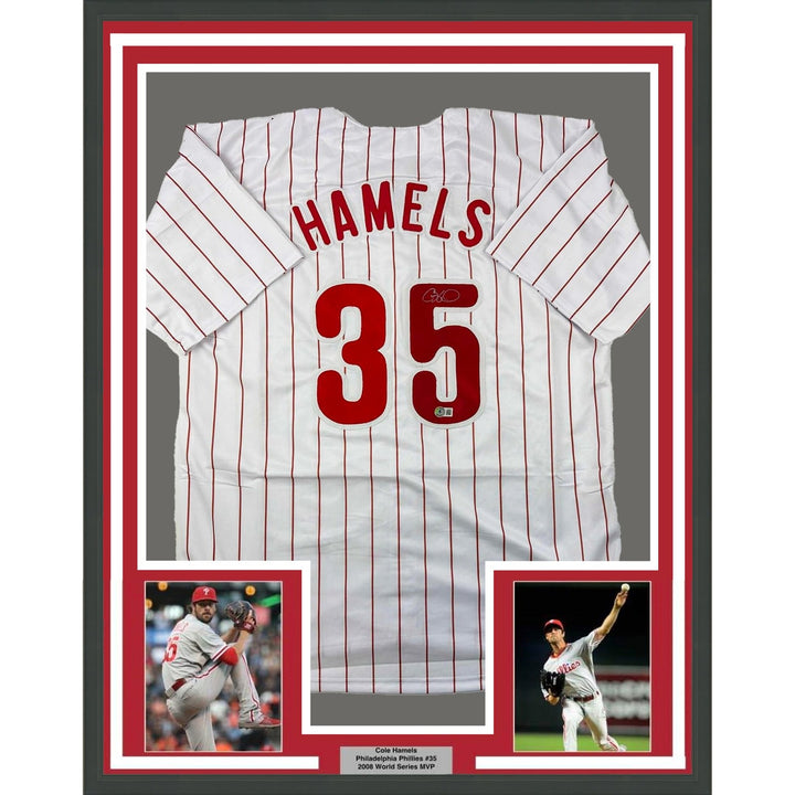 Framed Autographed/Signed Cole Hamels 35x39 Philadelphia Jersey BAS COA