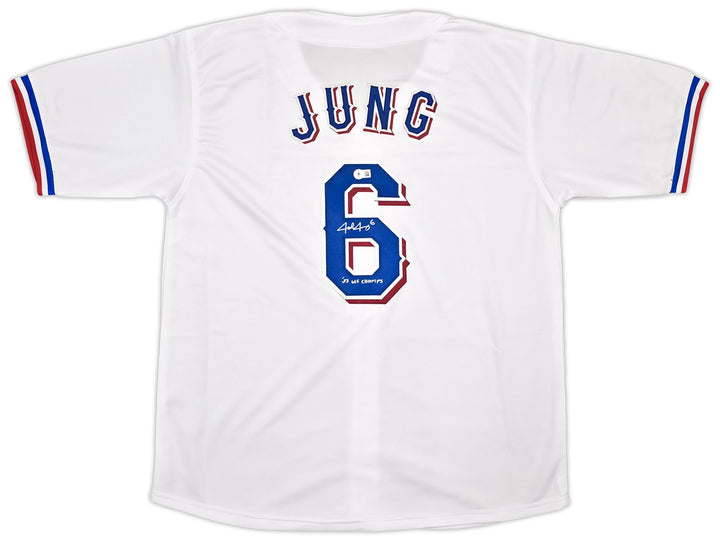 Texas Rangers Josh Jung Signed White Jersey "23 WS Champs" Beckett Witness