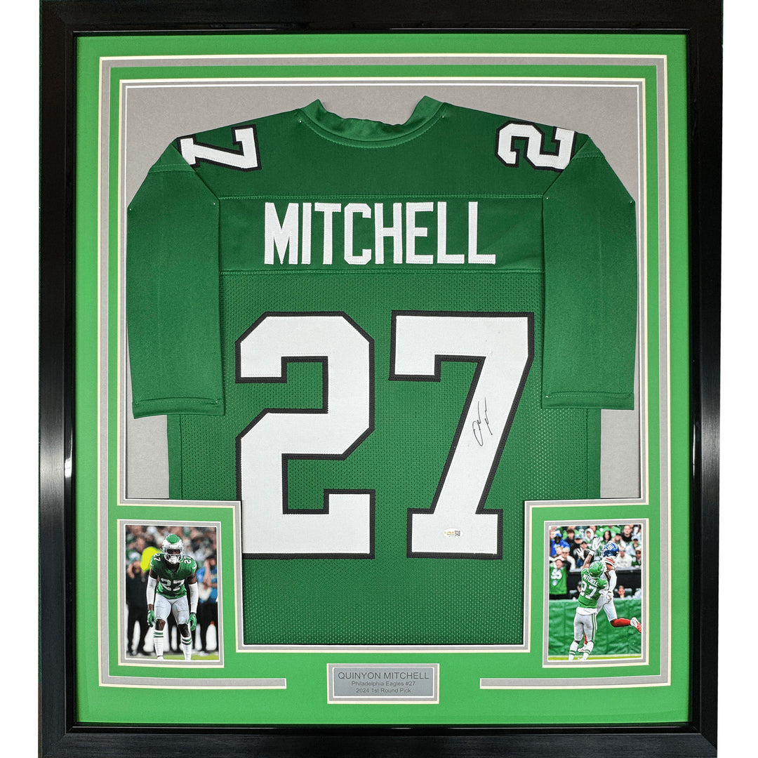 Framed Autographed/Signed Quinyon Mitchell 35x39 Kelly Green Jersey JSA COA