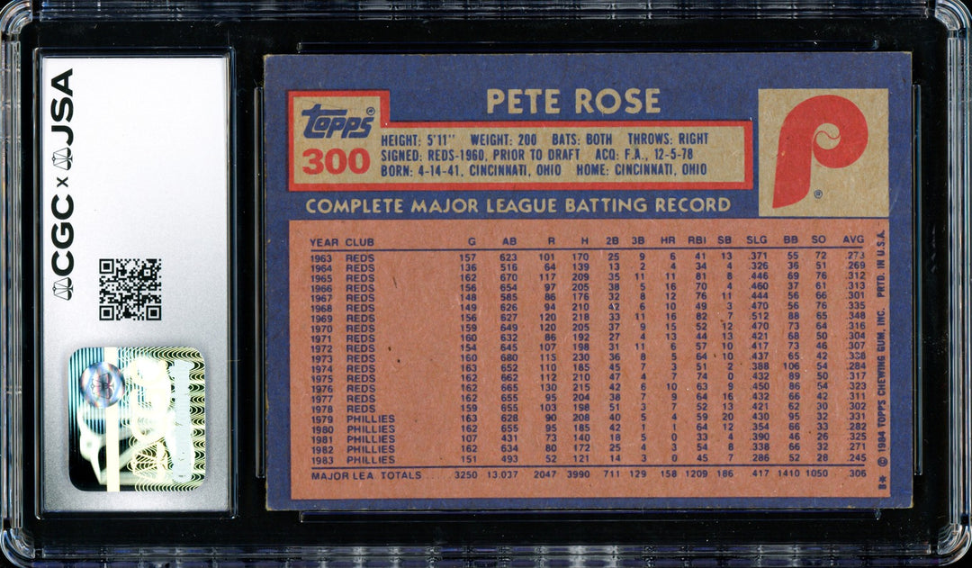 Pete Rose Autographed Signed 1984 Topps Card 300 Philadelphia Phillies CGC x JSA