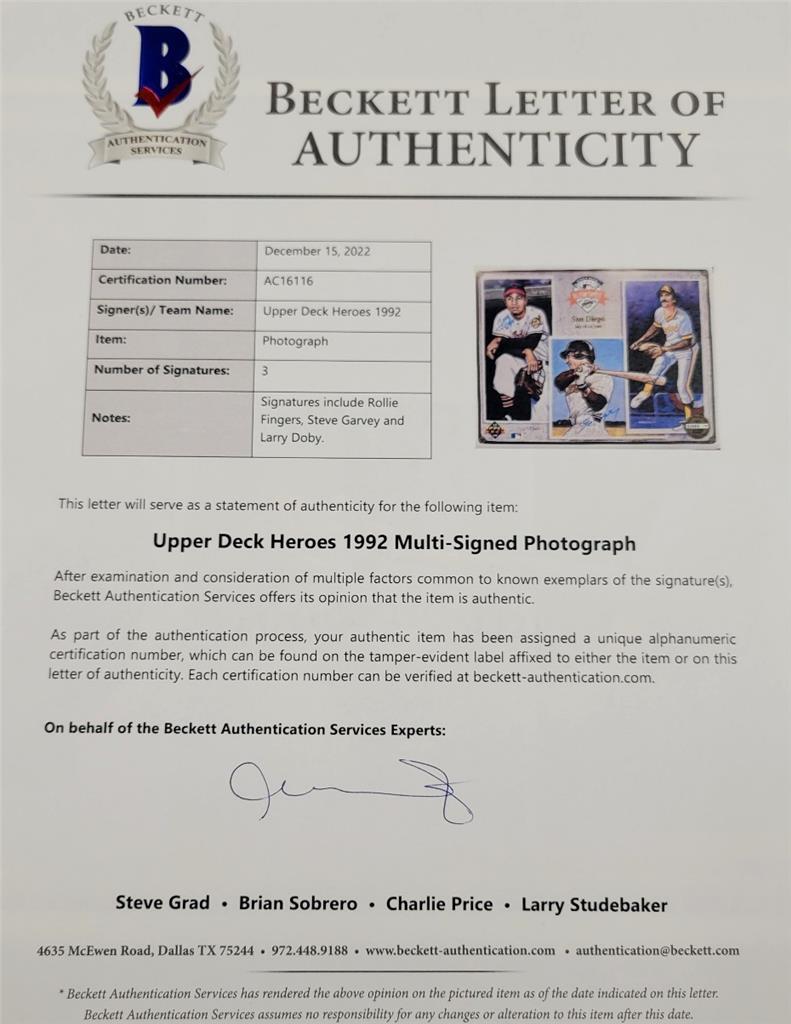 Rollie Fingers Steve Garvey Larry Doby signed Upper Deck 8x10 card photo ~ BAS