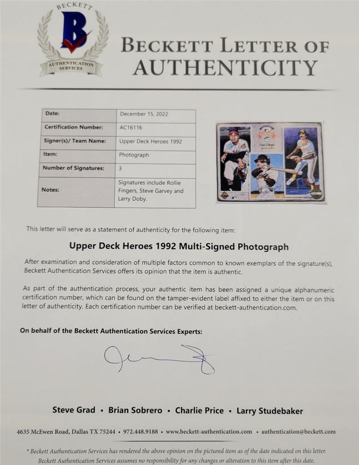 Rollie Fingers Steve Garvey Larry Doby signed Upper Deck 8x10 card photo ~ BAS