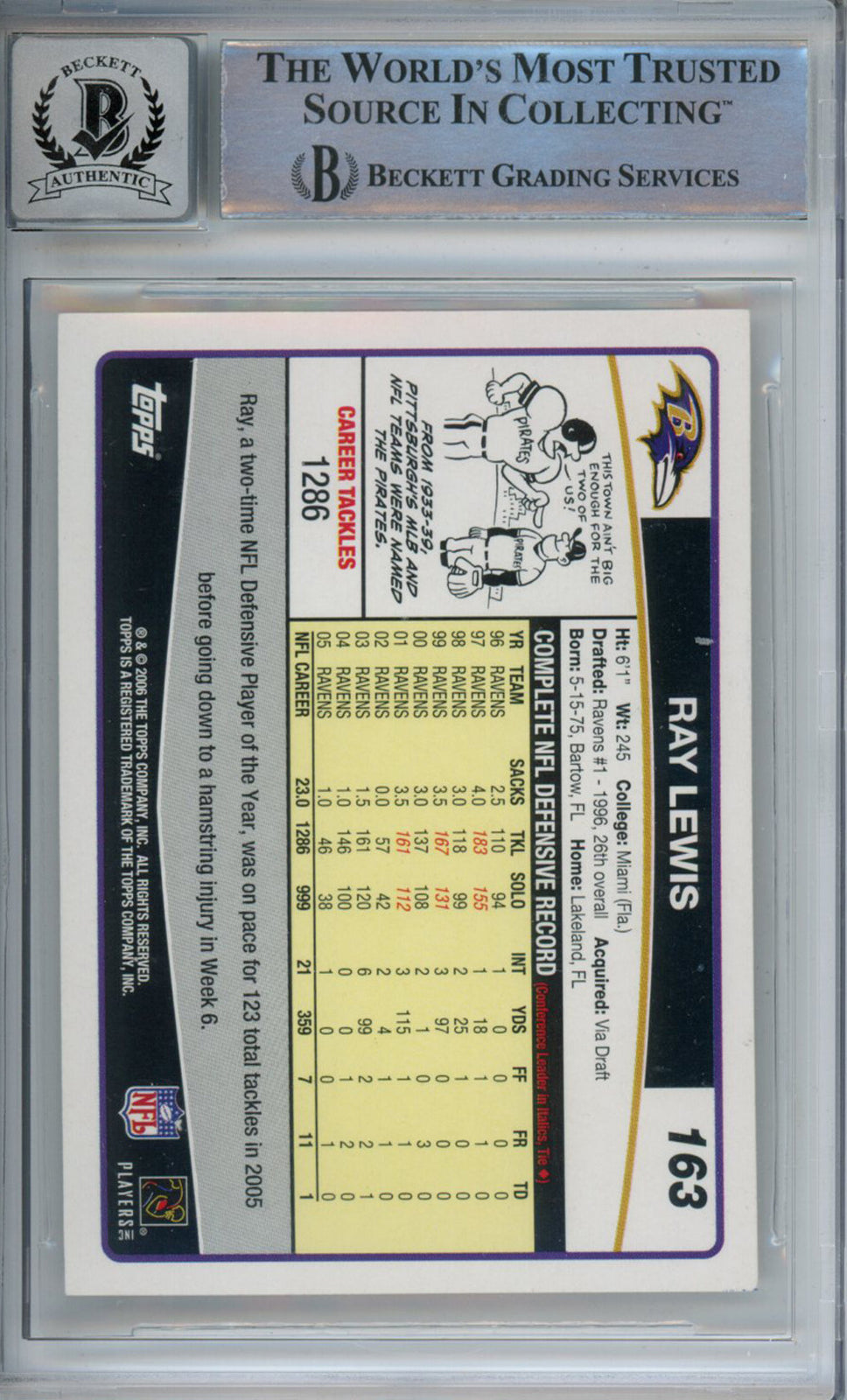 Ray Lewis Autographed 2006 Topps #163 Trading Card Beckett 10 Slab 39231