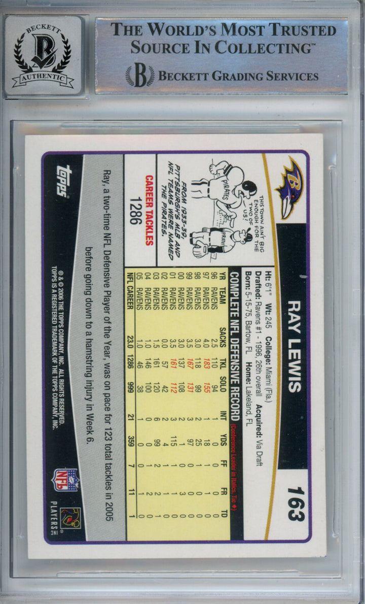Ray Lewis Autographed 2006 Topps #163 Trading Card Beckett 10 Slab 39231