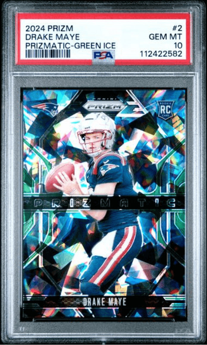 Graded 2024 Panini Prizm Drake Maye #2 Prizmatic Green Ice RC Card PSA 10