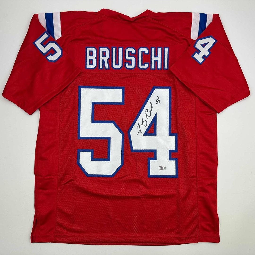 Autographed/Signed Tedy Bruschi New England Red Football Jersey JSA COA
