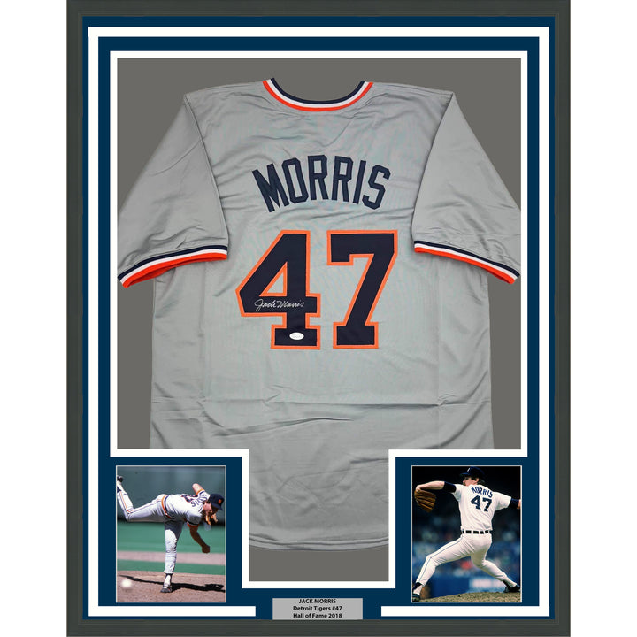 Framed Autographed/Signed Jack Morris 35x39 Detroit Grey Baseball Jersey JSA COA