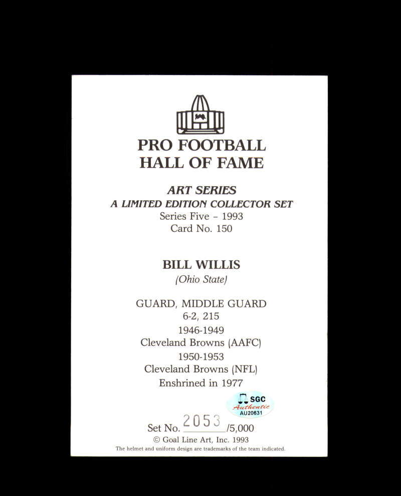 Bill Willis SGC Coa Signed Goal Line Art Card GLAC HOF 77 Autograph