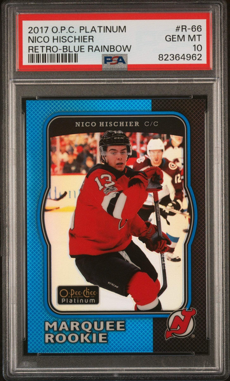 Graded 2017 UD Plat Nico Hischier #R66 Ret-Blue Rainbow #/149 Hockey Card PSA 10