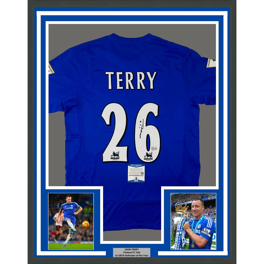 Framed Autographed/Signed John Terry 35x39 Chelsea FC Blue Jersey BAS COA