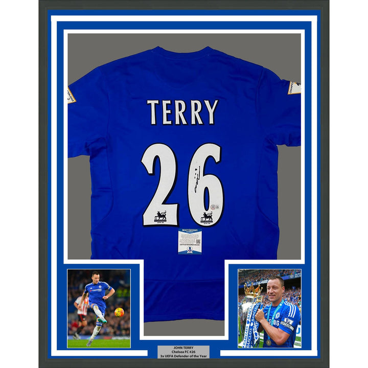 Framed Autographed/Signed John Terry 35x39 Chelsea FC Blue Jersey BAS COA