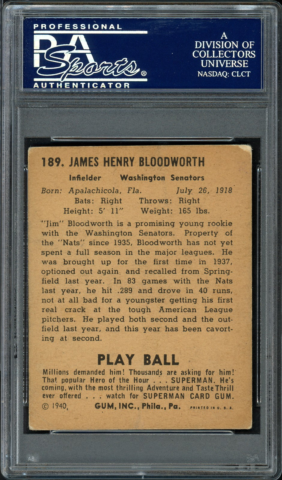 Jimmy Bloodworth Signed 1940 Play Ball RC #189 Washington Senators PSA/DNA