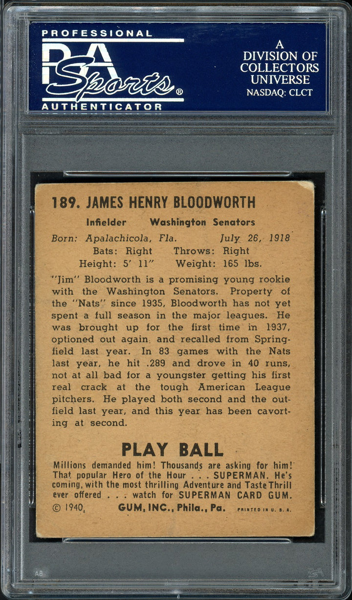 Jimmy Bloodworth Signed 1940 Play Ball RC #189 Washington Senators PSA/DNA