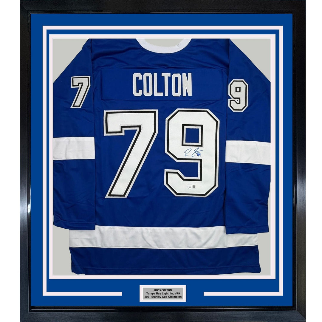 Framed Autographed/Signed Ross Colton 35x39 Tampa Bay Blue Jersey BAS COA