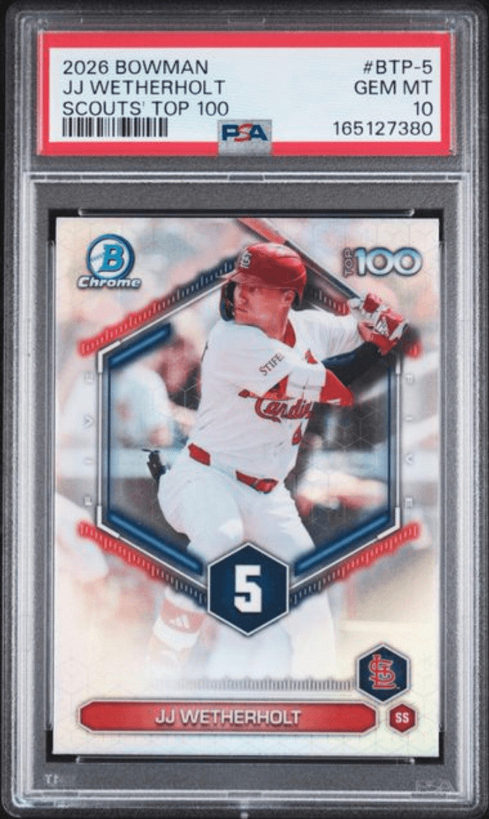 Graded 2026 Bowman JJ Wetherholt #BTP5 Scouts Top 100 Rookie RC Card PSA 10