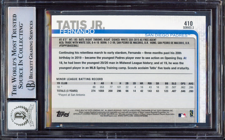 Fernando Tatis Jr. Signed 2019 Topps RC #410 San Diego Padres BGS 8 Auto 10