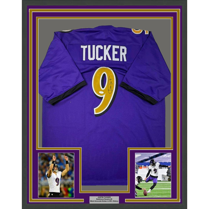 Framed Signed Justin Tucker 35x39 Purple Color Rush Jersey JSA COA