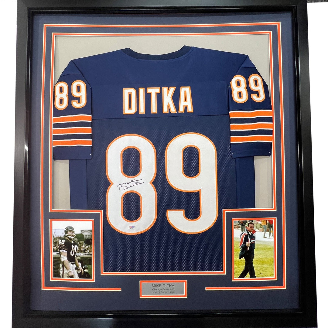 FRAMED Autographed/Signed MIKE DITKA 33x42 Chicago Blue Jersey JSA COA