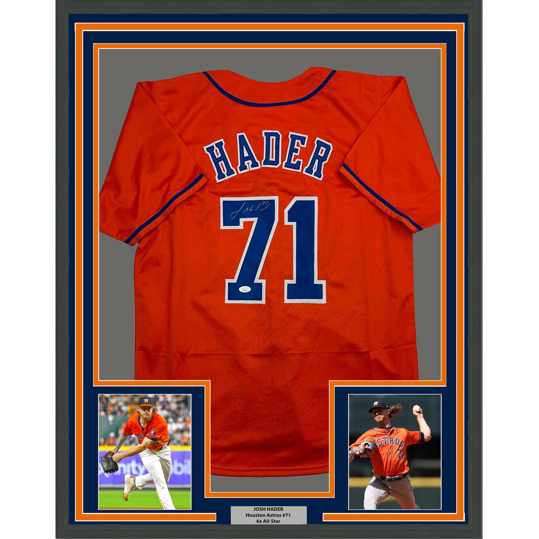 Framed Autographed/Signed Josh Hader 35x39 Houston Orange Baseball Jersey JSA CO
