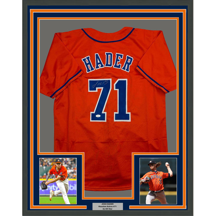 Framed Autographed/Signed Josh Hader 35x39 Houston Orange Baseball Jersey JSA CO
