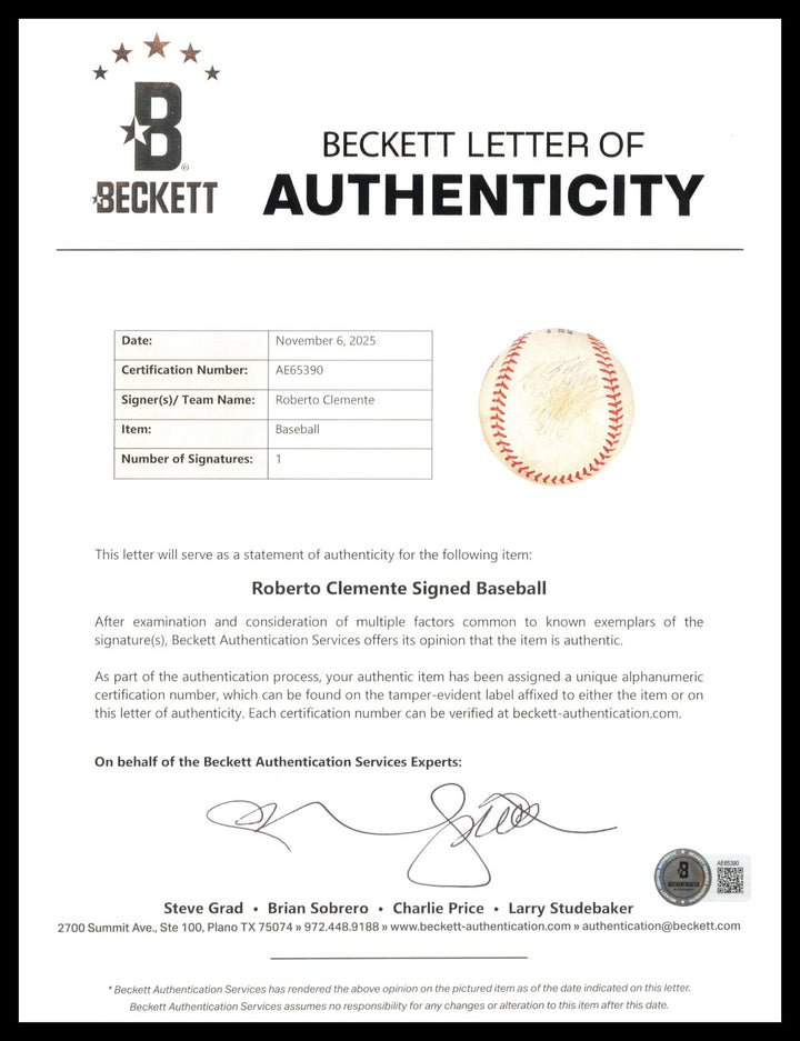 Roberto Clemente Auto Official Feeney NL Baseball Pirates "To Bill" Beckett, PSA