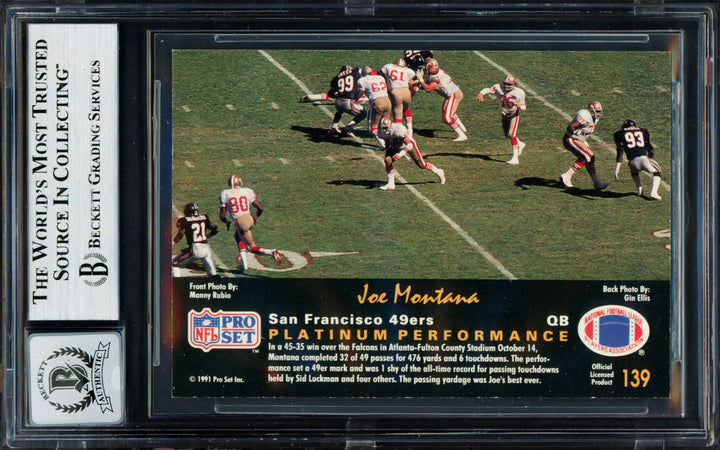 Joe Montana Signed 1991 Pro Set Platinum Card 139 49ers Auto GM 10 Beckett