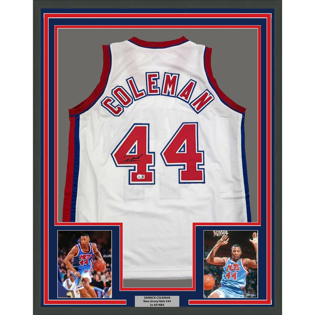 Framed Autographed/Signed Derrick Coleman 35x39 New Jersey White Jersey COA