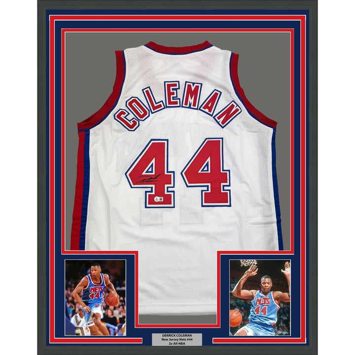 Framed Autographed/Signed Derrick Coleman 35x39 New Jersey White Jersey COA