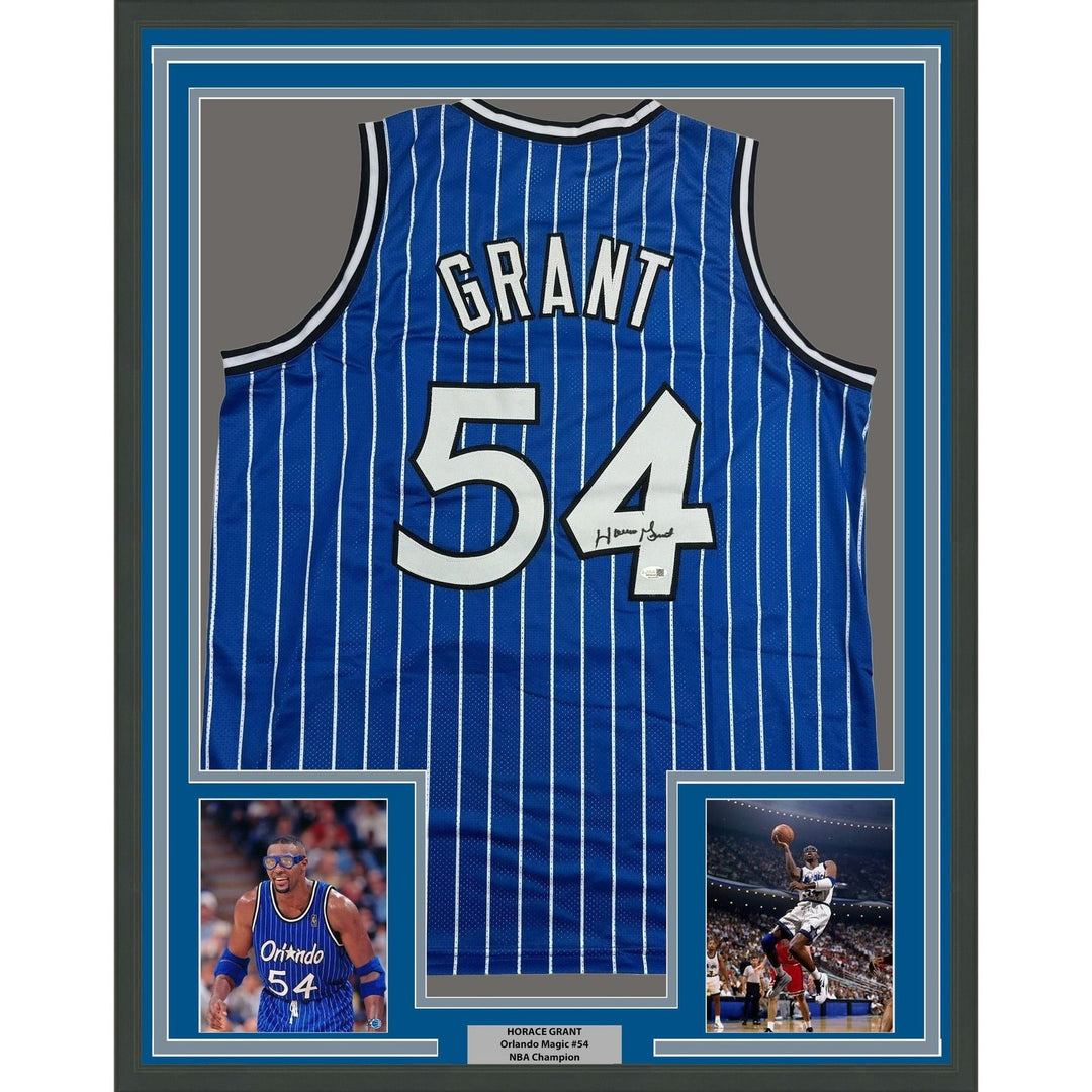 Framed Autographed/Signed Horace Grant 35x39 Orlando Blue Jersey JSA COA